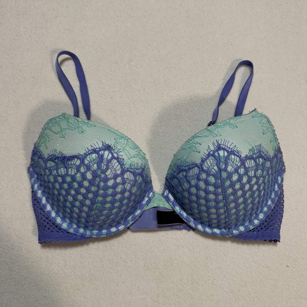 Victorias Secret 32C Pushup Bra Padded Blue Purple Floral Lace Underwire‎ #0163